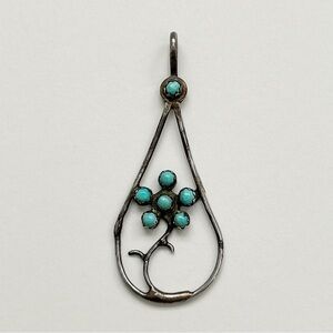 Vintage Southwestern Petit Point Turquoise Flower Sterling Silver Pendant